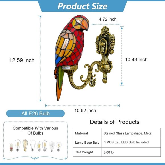 NEW! Tiffany Red Parrot Wall Light Handmade Stained Glass Gooseneck Wall Sconce - Picture 4 of 6